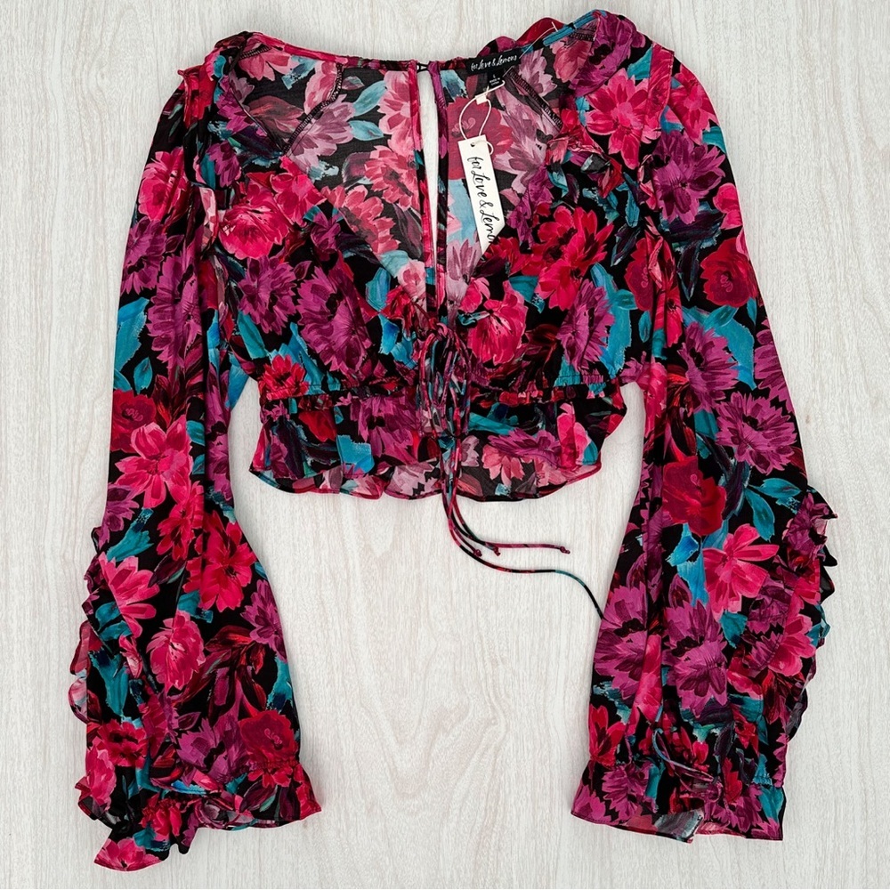 For Love & Lemons Floral Tie-Front Crop Top in Magenta, Fuchsia & Teal